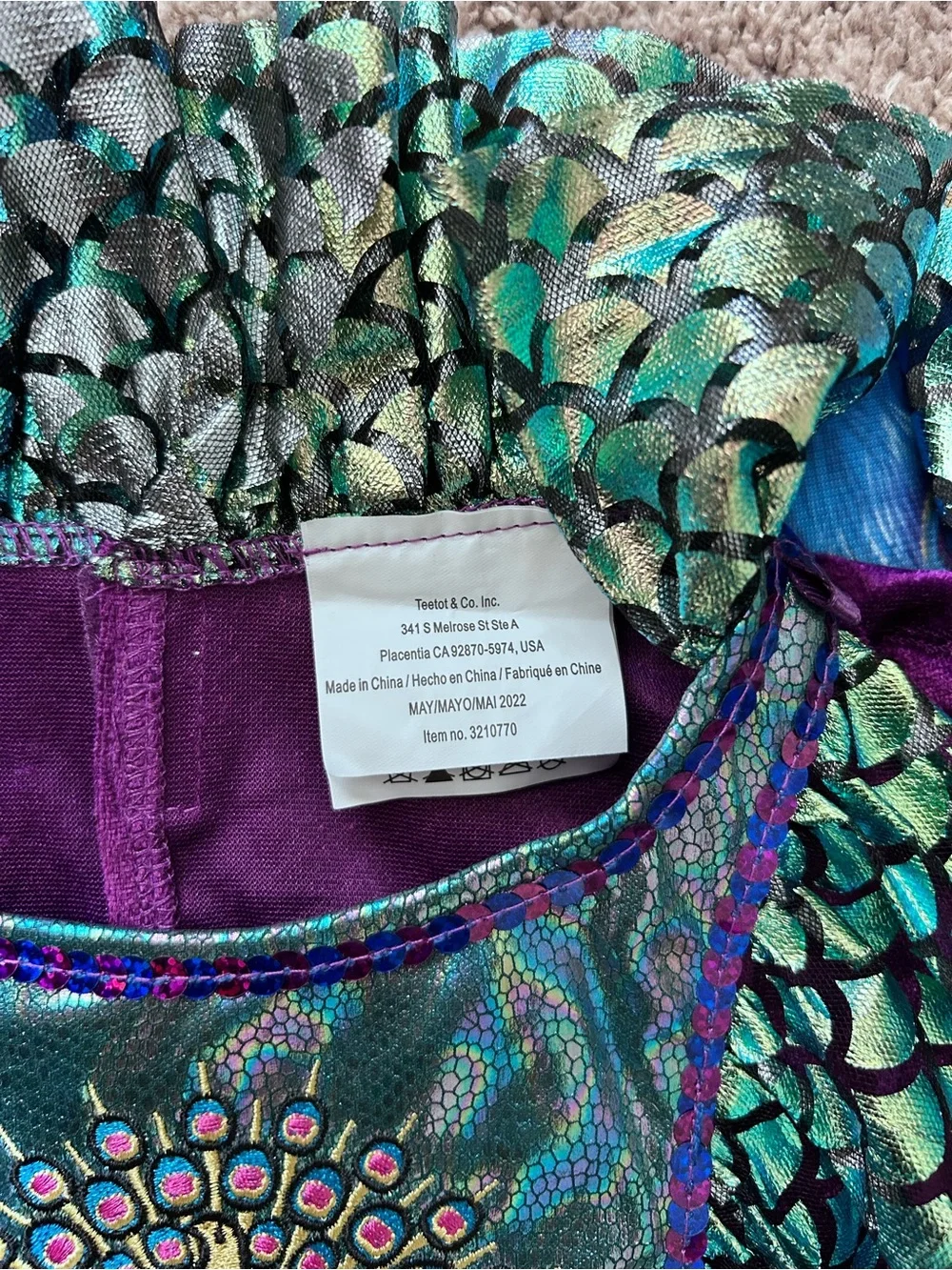 Peacock-Inspired Girls' Blue & Purple Costume Dress with Wings and Mask